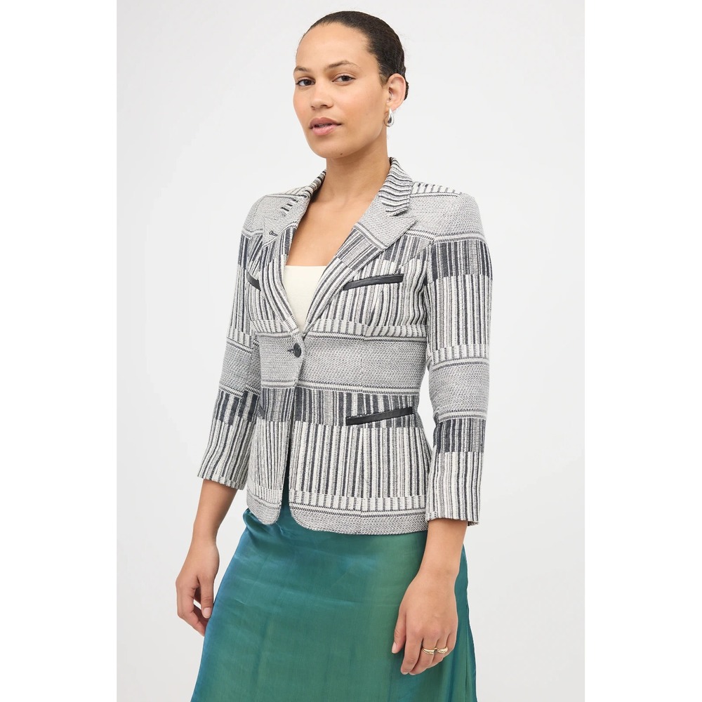 Smythe Woven 90s Shrunken Blazer Black White Abstract‎ Stripe One Button Size 6